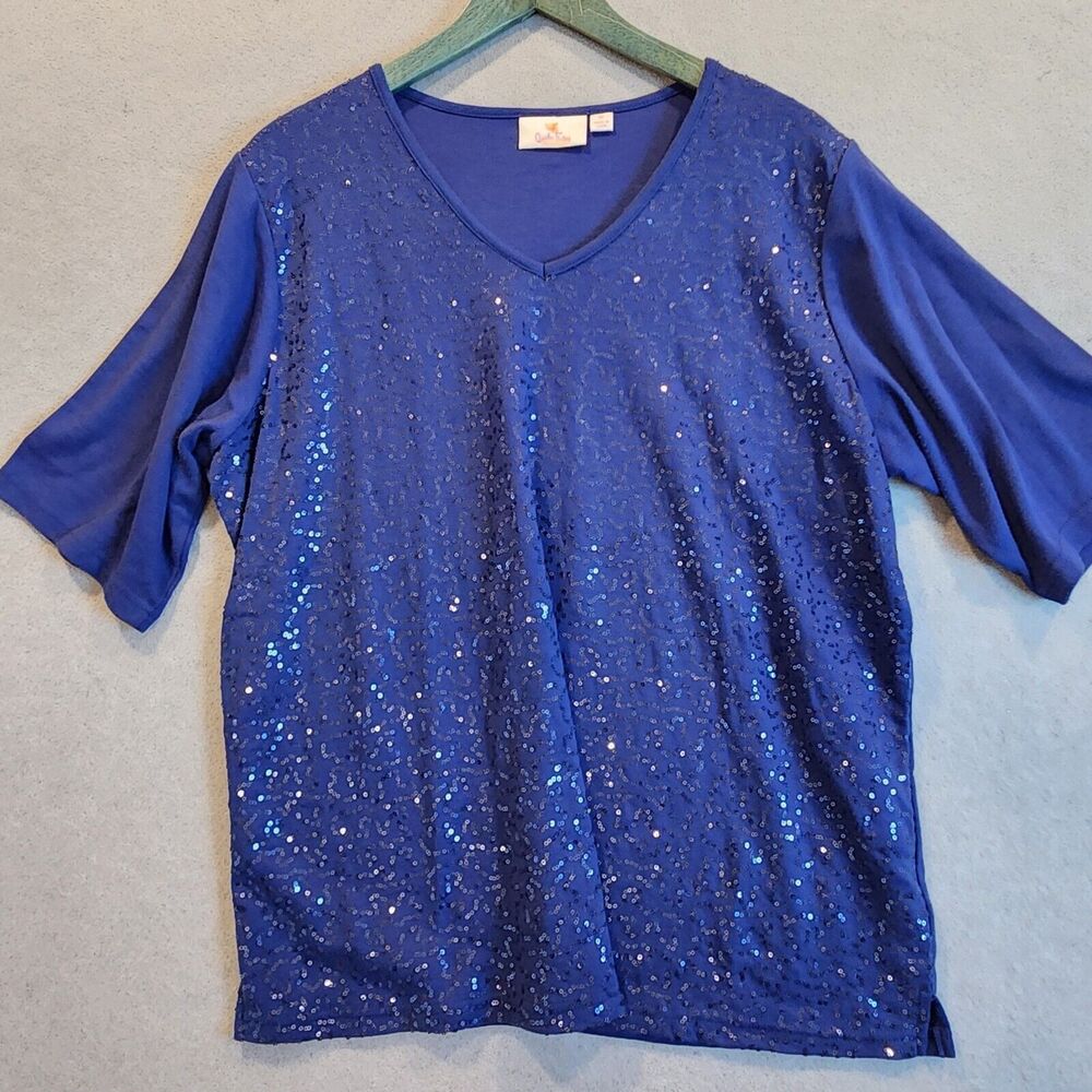 Quacker Factory Womens 1X Top Blue‎ Sequins 3/4 Sleeve